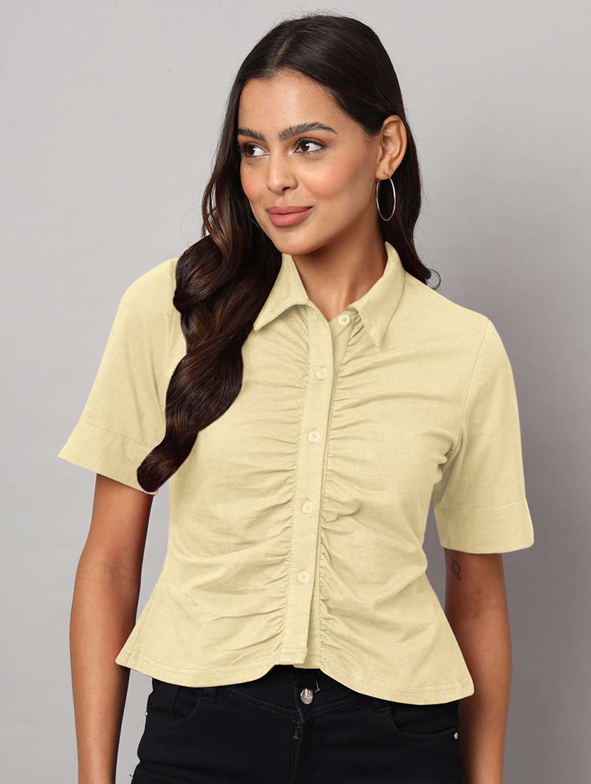 women solid collared shirt sleeves crop shirt