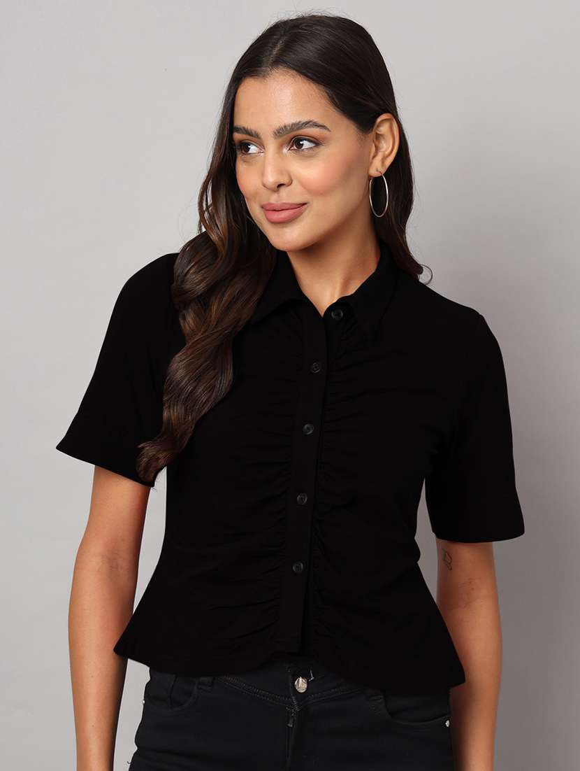 women solid collared shirt sleeves crop shirt - 21740449 - Zoom Image - 0