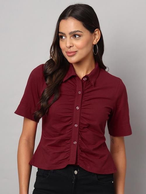 women solid collared shirt sleeves crop shirt - 21740450 - Standard Image - 0