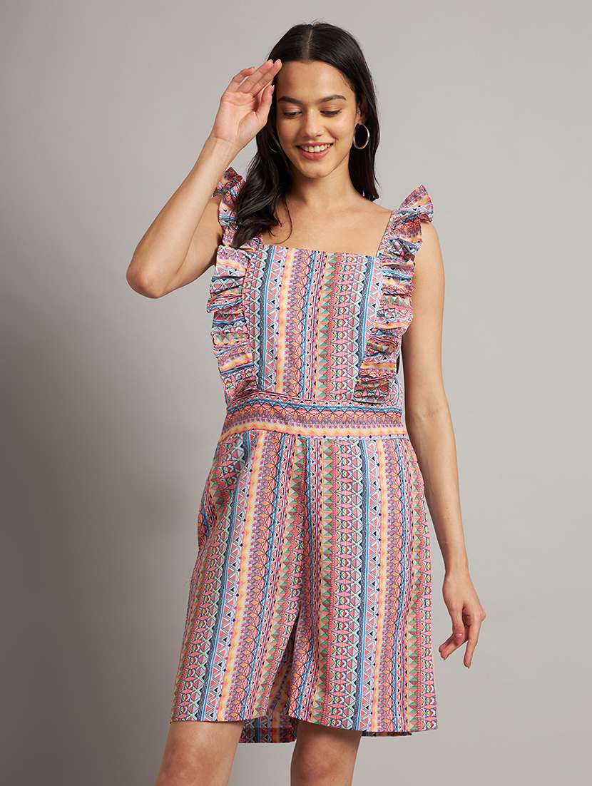 women printed ruffle detailed sleeveless romper