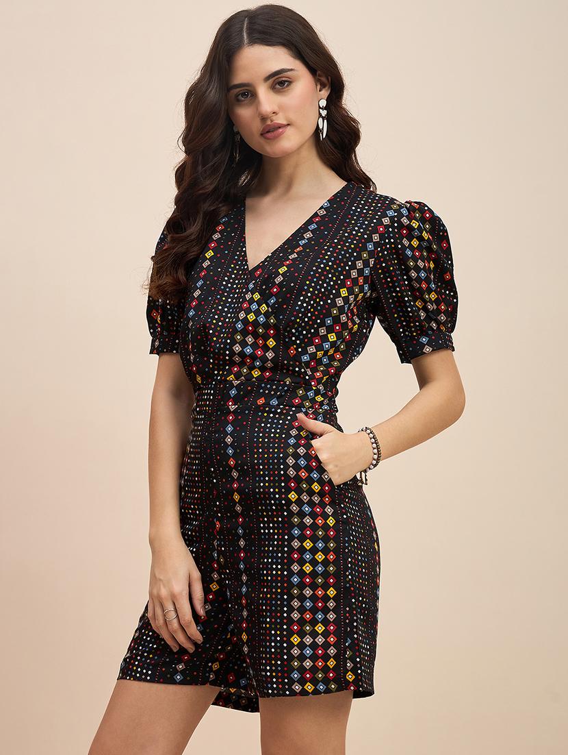 women printed puff sleeves romper - 21740477 -  Zoom Image - 0