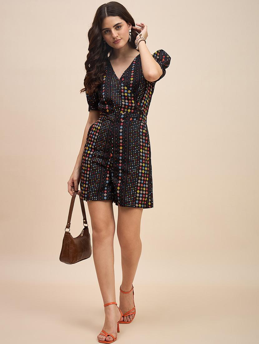 women printed puff sleeves romper - 21740477 - Standard Image - 2