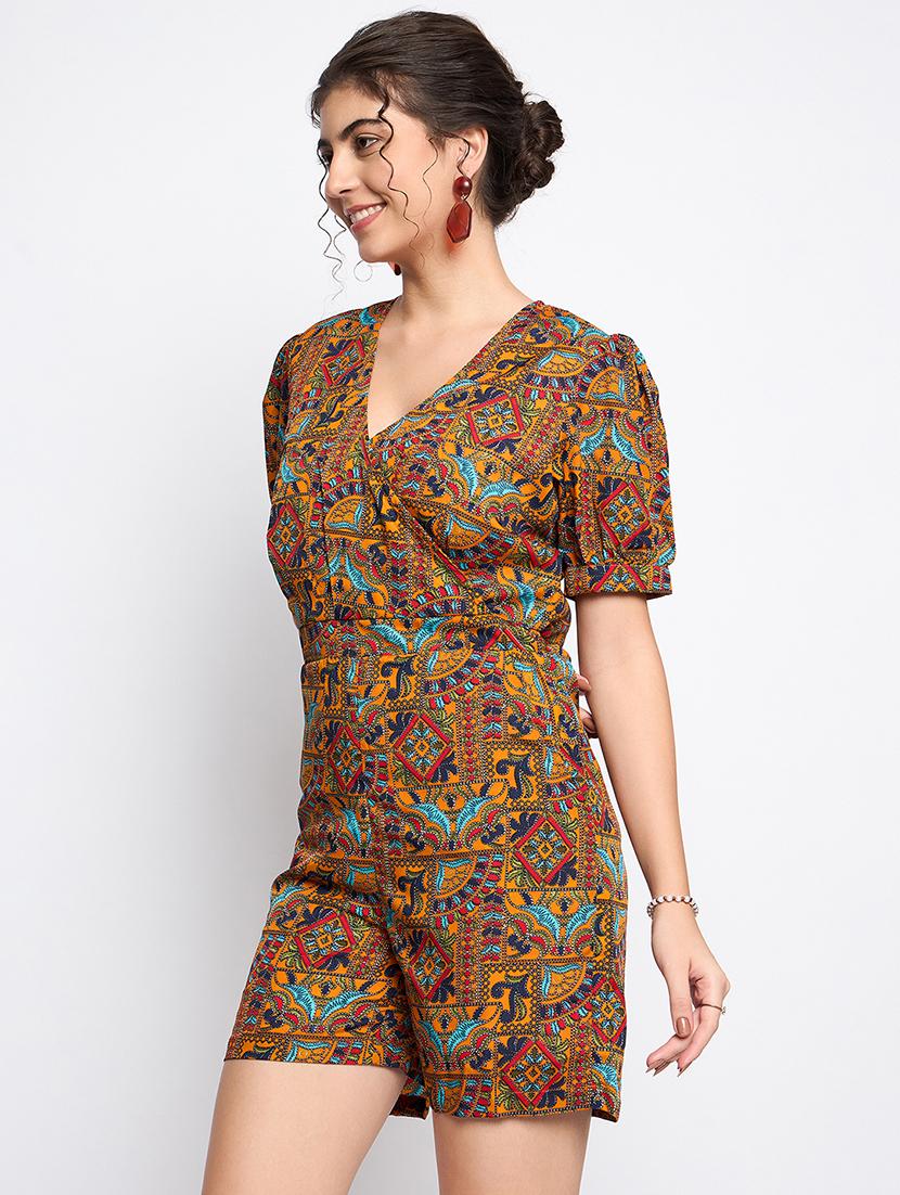 women printed puff sleeves romper - 21740478 - Zoom Image - 0