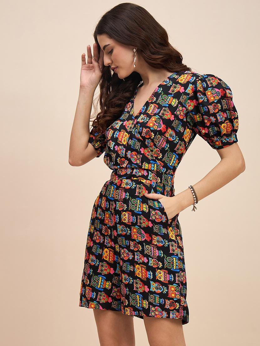 women printed puff sleeves romper - 21740480 - Zoom Image - 0