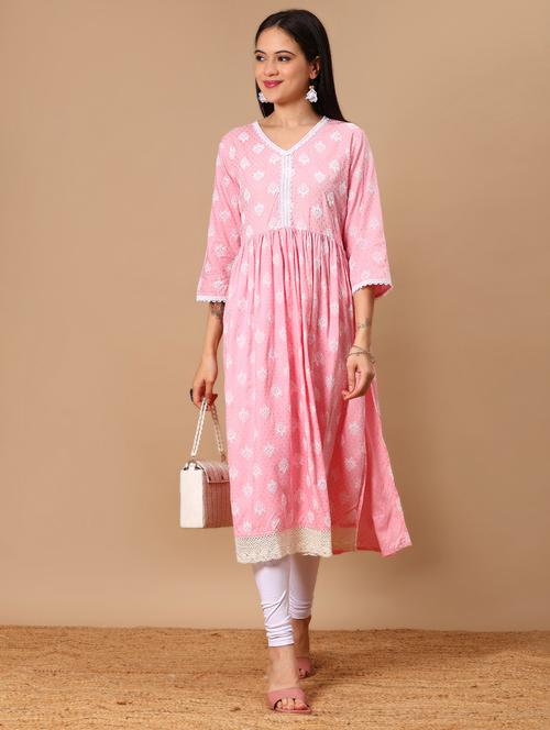 women pink printed three quarter sleeve flared kurta - 21740574 - Standard Image - 0