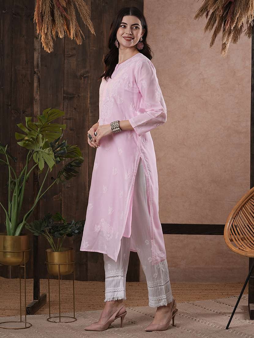 women three quarter sleeve straight chikankari kurta - 21740705 - Standard Image - 2