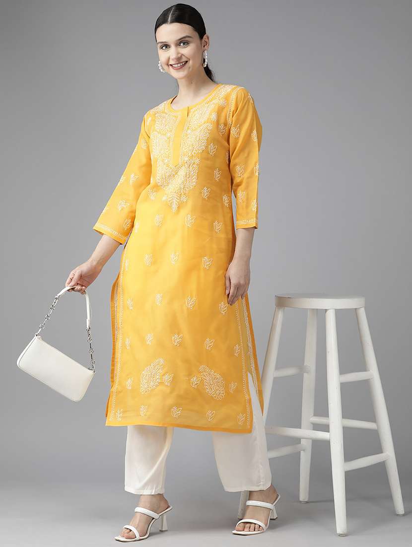 women three quarter sleeve straight chikankari kurta