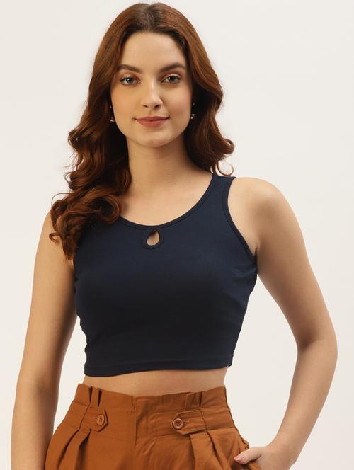 blue cotton women solid sleeveless crop tank top - 21740800 - Standard Image - 0