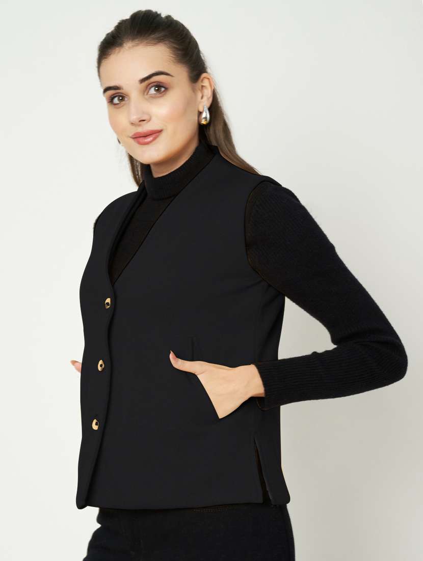 women solid sleeveless waist coat - 21740899 -  Standard Image - 2