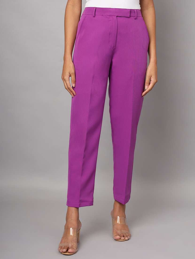 women solid high rise straight trouser