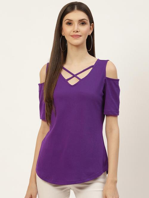 women solid cold shoulder top - 21741022 -  Standard Image - 0
