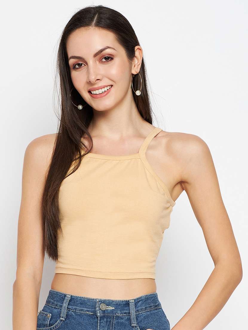 beige cotton blend crop top