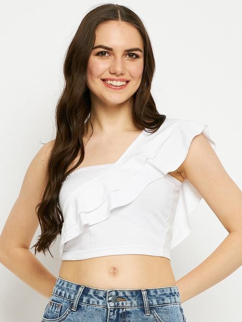 women solid single shoulder crop top - 21741092 -  Standard Image - 0
