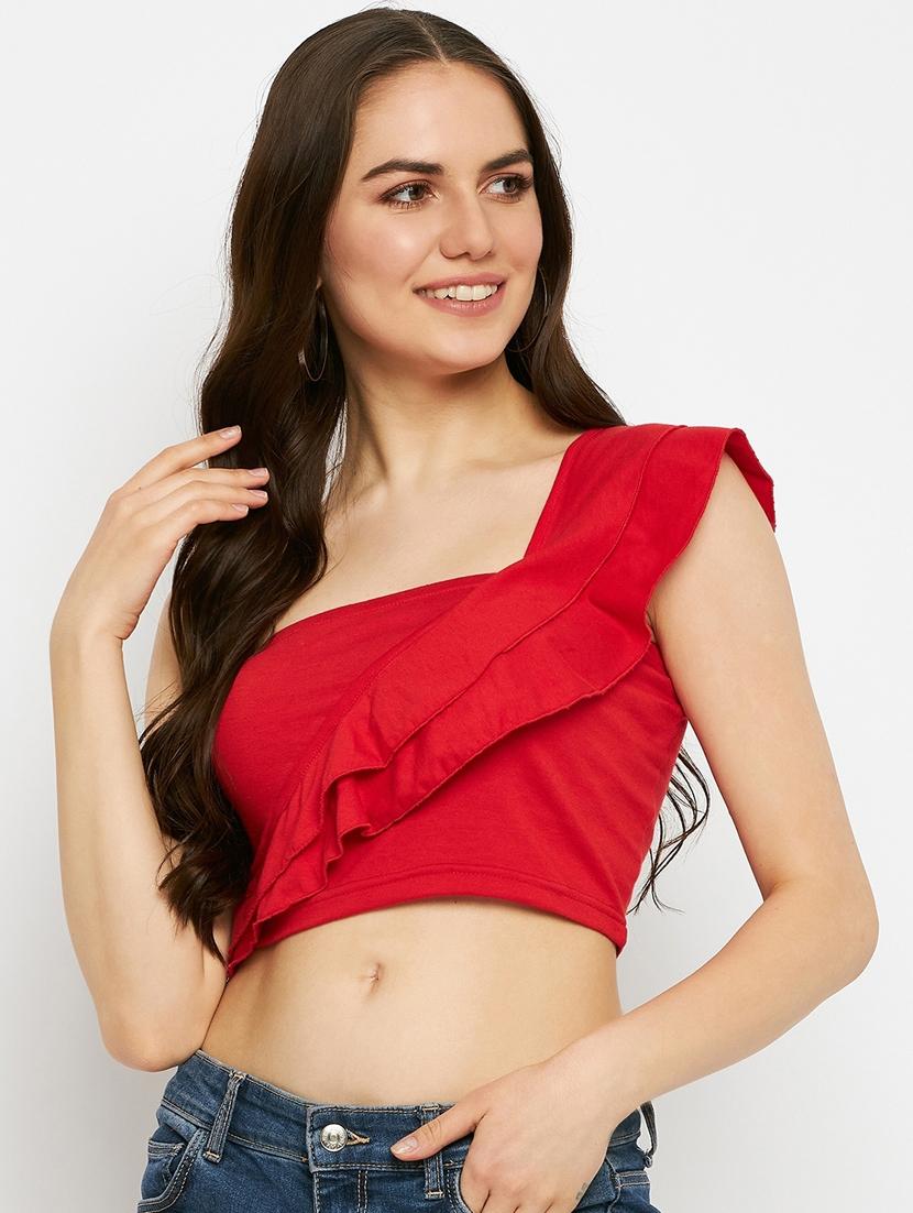 women solid single shoulder crop top - 21741094 -  Zoom Image - 0