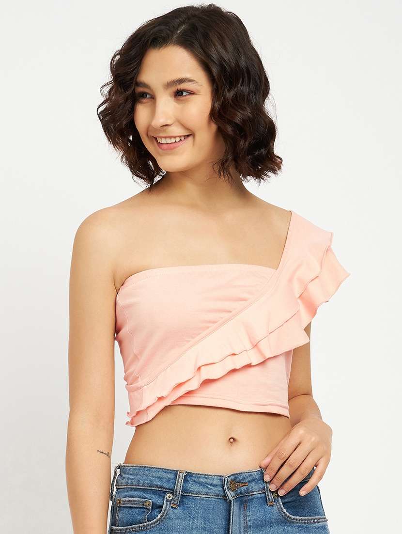 women solid single shoulder crop top - 21741096 -  Standard Image - 2