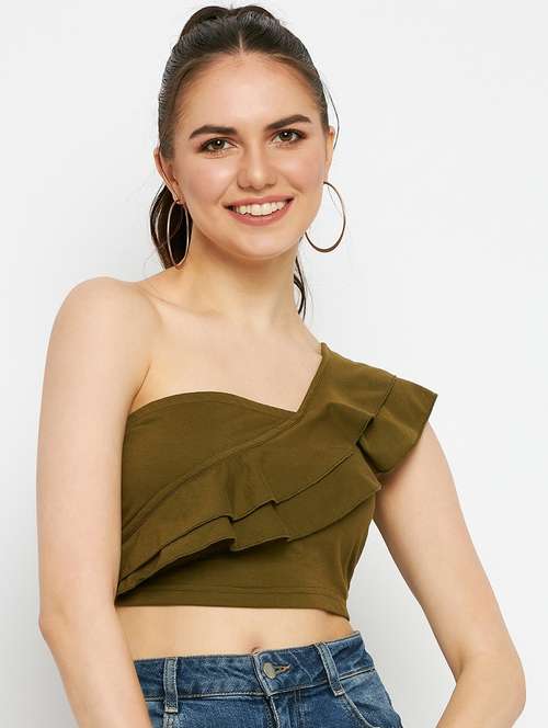 women solid single shoulder crop top - 21741098 - Standard Image - 0