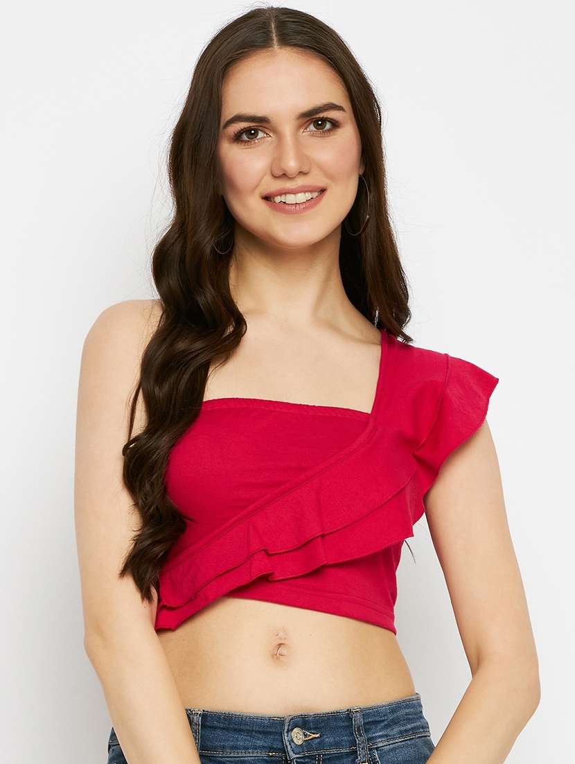 women solid single shoulder crop top