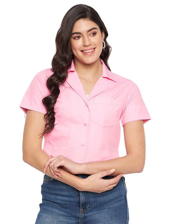 women solid shirt crop top