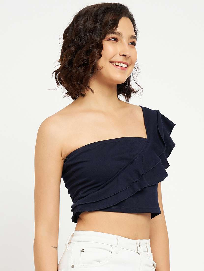 women solid one shoulder crop top - 21741180 -  Standard Image - 2