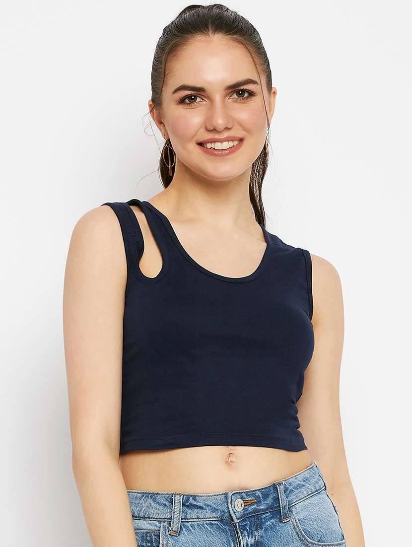 women solid cut out crop top - 21741197 -  Standard Image - 2