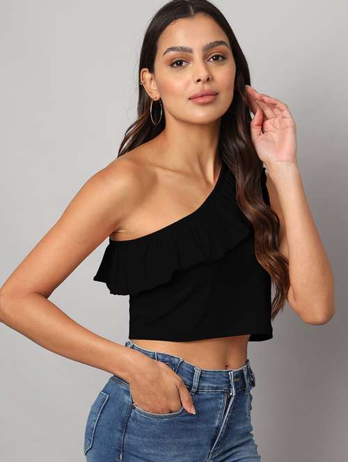 women solid single shoulder crop top - 21741213 -  Standard Image - 0