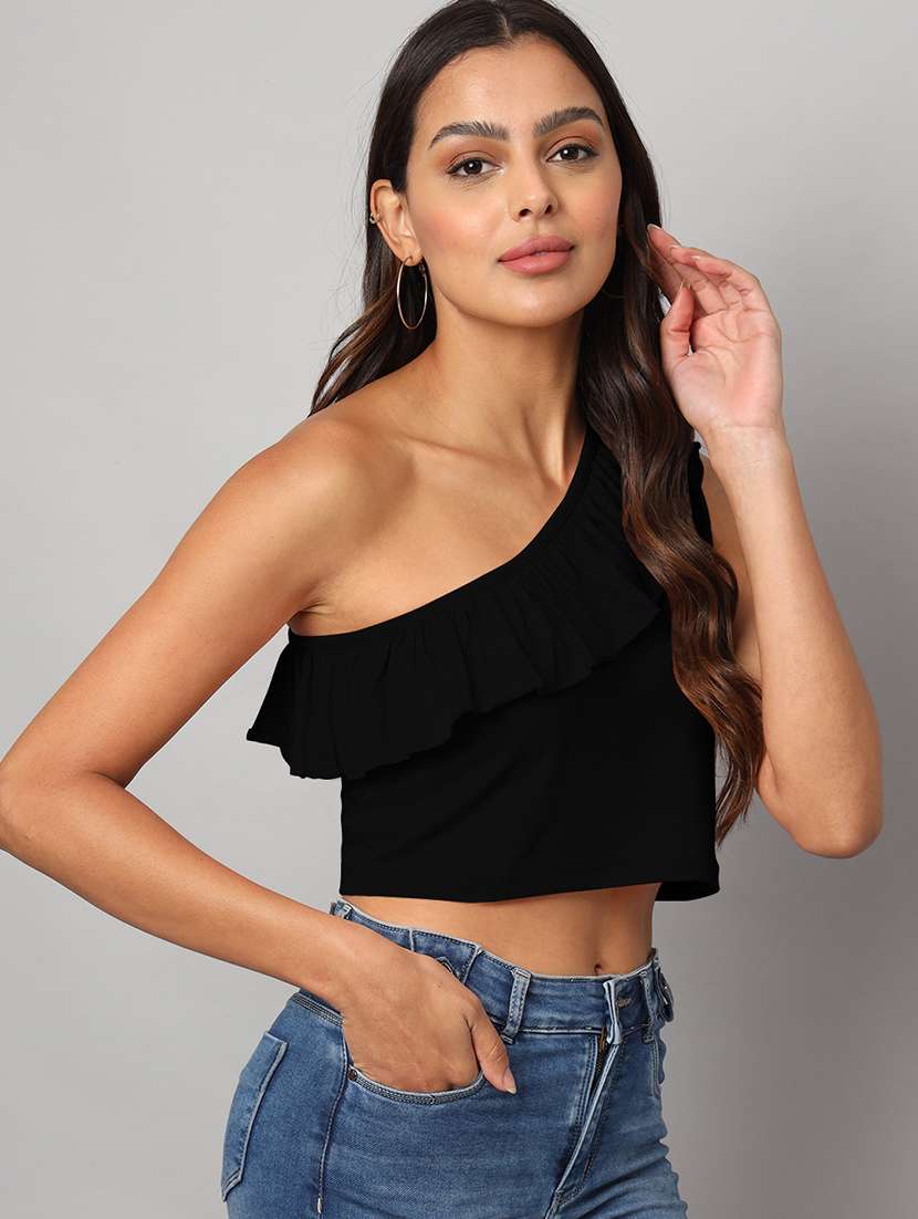 women solid single shoulder crop top - 21741213 -  Zoom Image - 0