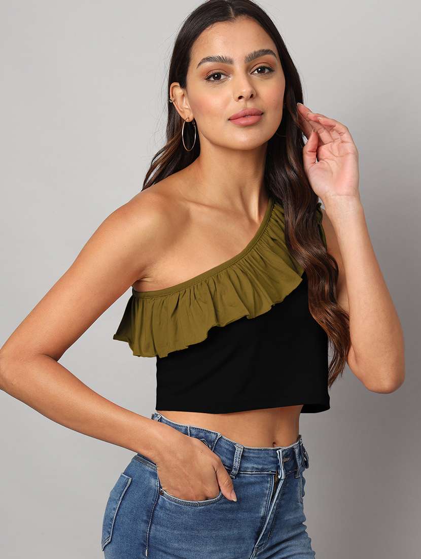 women color block single shoulder crop top - 21741215 -  Standard Image - 2