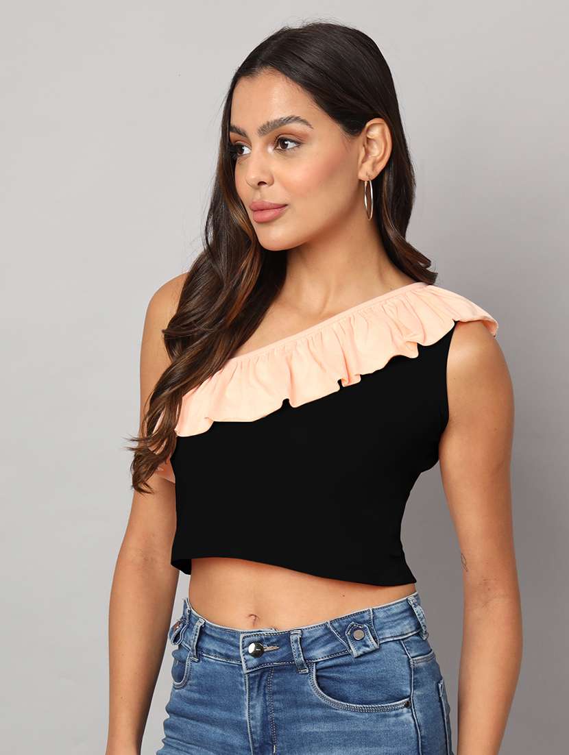 women color block single shoulder crop top - 21741216 -  Standard Image - 2