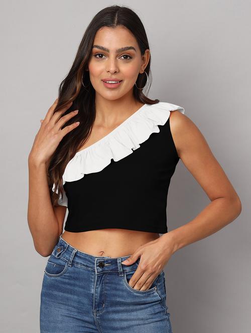 women color block single shoulder crop top - 21741218 - Standard Image - 0