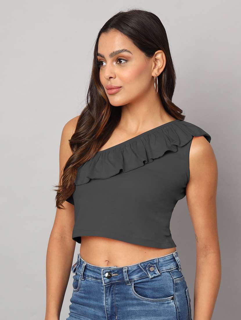 women solid single shoulder crop top - 21741219 -  Standard Image - 2