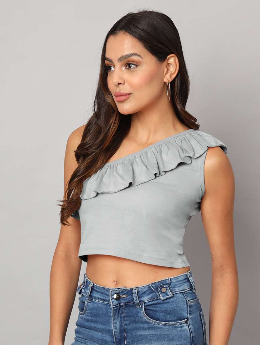 women solid single shoulder crop top - 21741220 -  Standard Image - 2