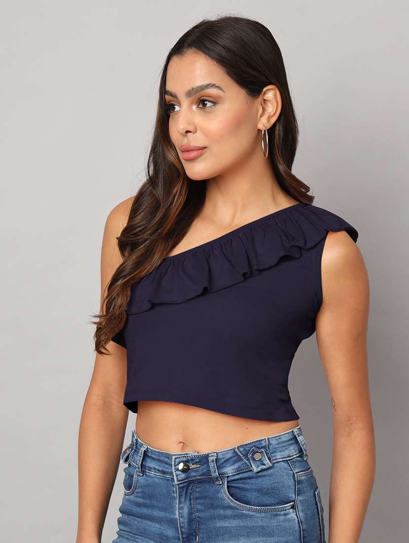 women solid single shoulder crop top - 21741222 -  Standard Image - 2