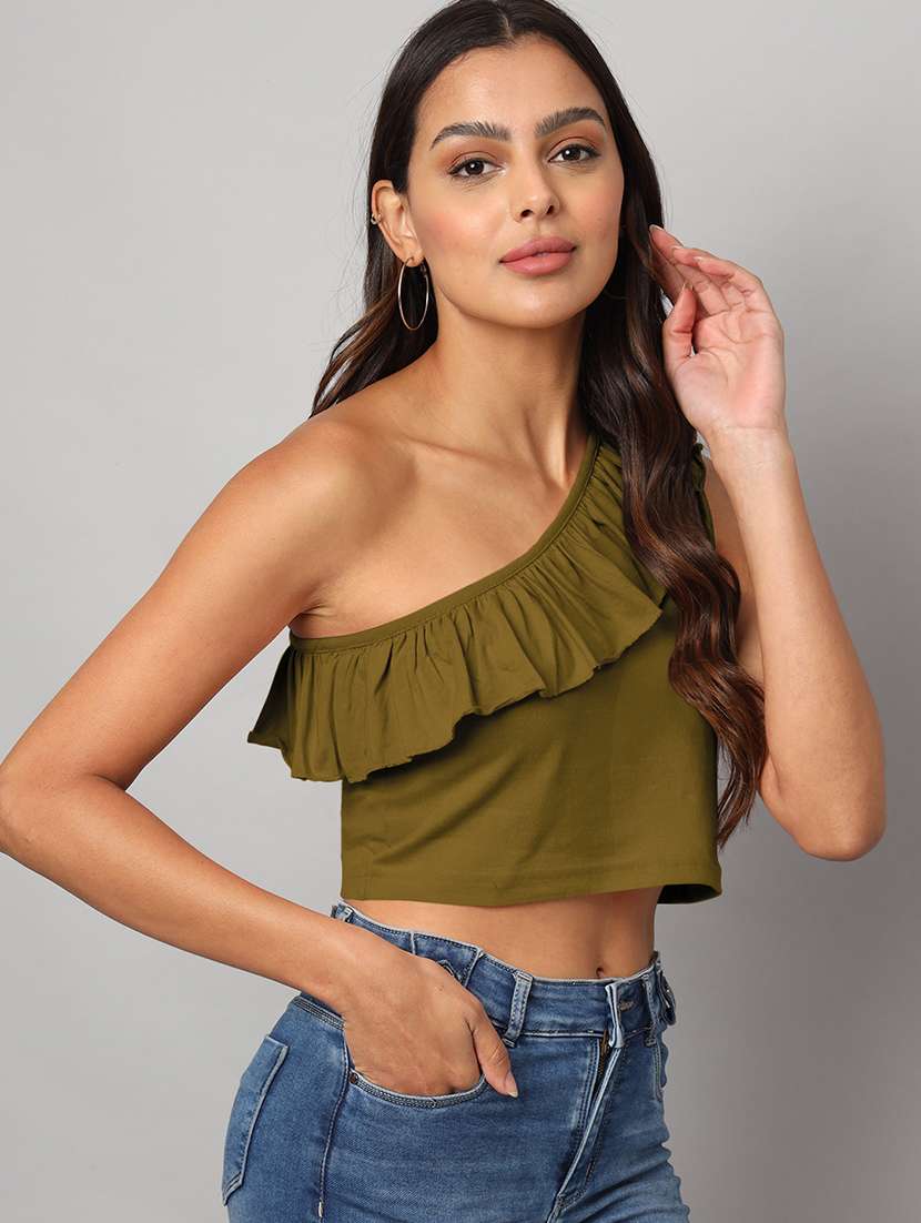 women solid single shoulder crop top - 21741223 -  Standard Image - 2