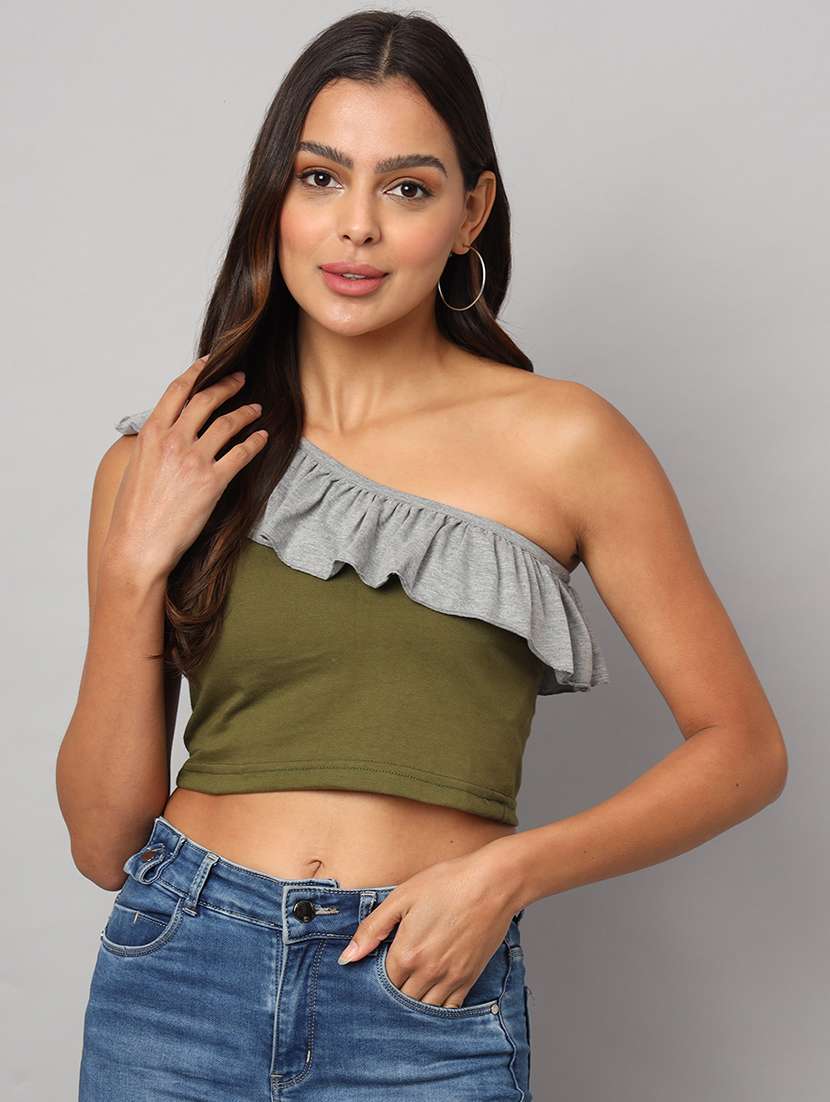 women color block single shoulder crop top