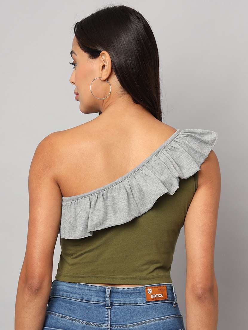 women color block single shoulder crop top - 21741224 -  Standard Image - 2