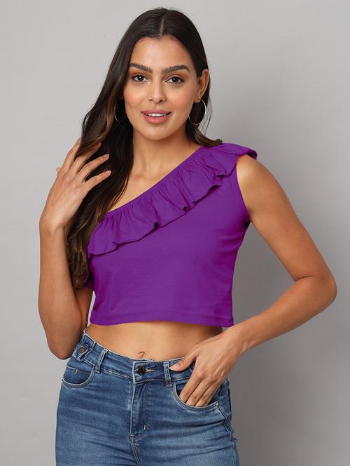 women solid single shoulder crop top - 21741226 - Standard Image - 0