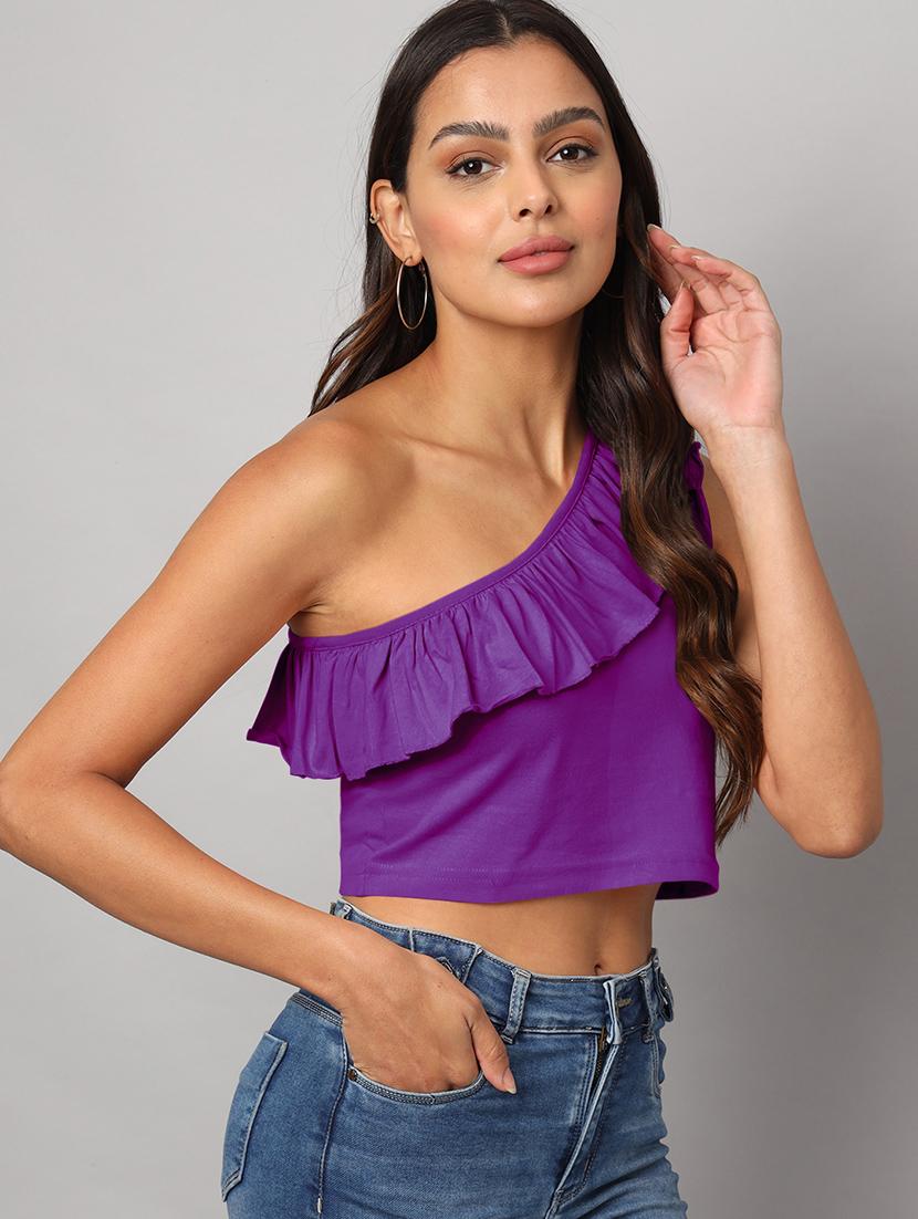women solid single shoulder crop top - 21741226 - Standard Image - 2