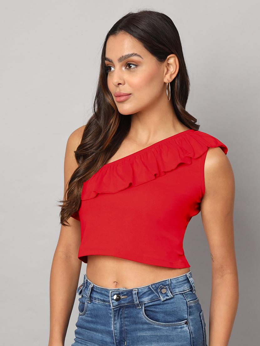 women solid single shoulder crop top - 21741228 - Standard Image - 2