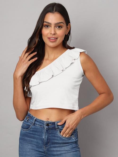 women solid single shoulder crop top - 21741229 -  Standard Image - 0