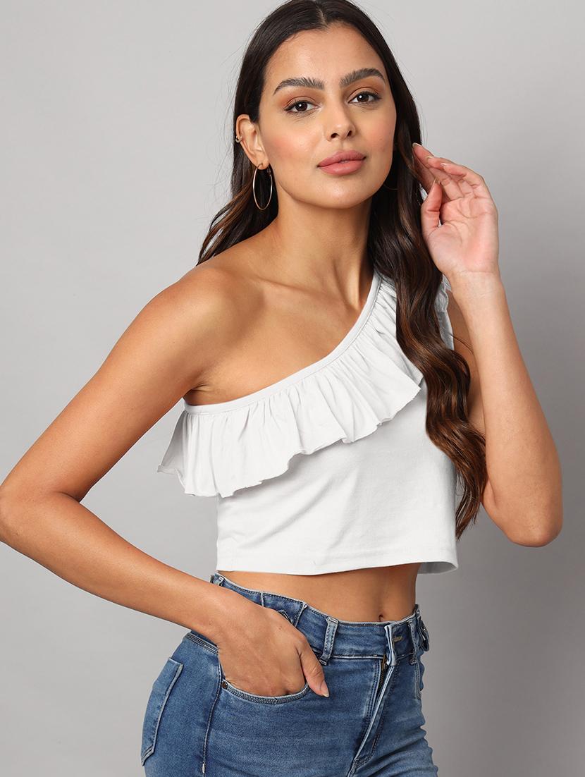 women solid single shoulder crop top - 21741229 - Standard Image - 2