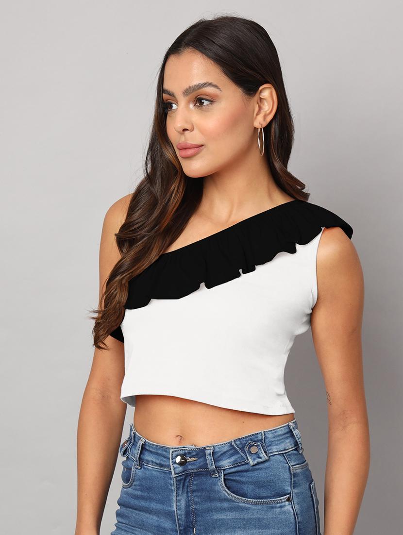 women color block single shoulder crop top - 21741230 - Standard Image - 2