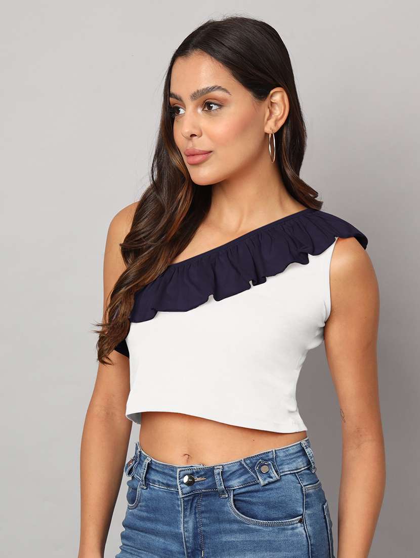 women color block single shoulder crop top - 21741232 - Standard Image - 2