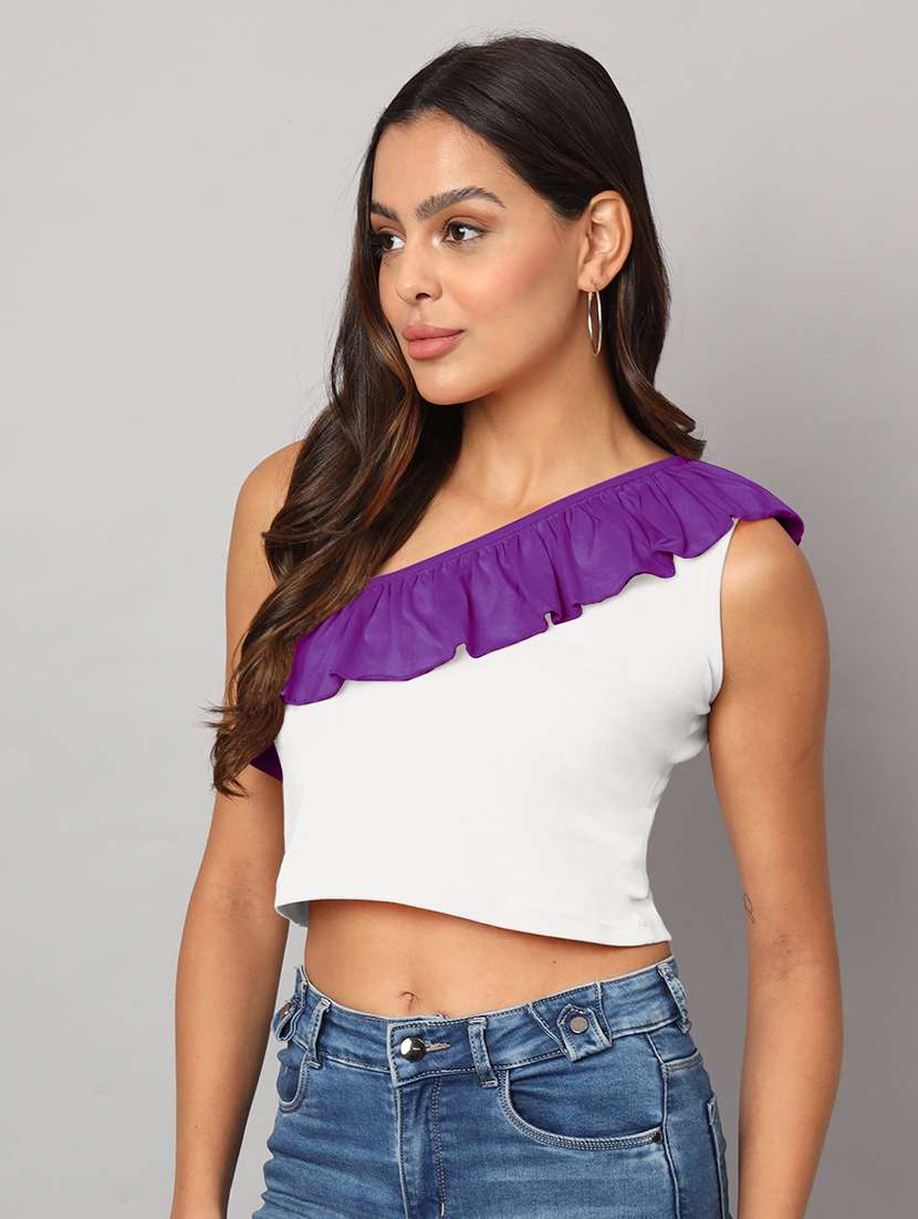 women color block single shoulder crop top - 21741233 - Standard Image - 2