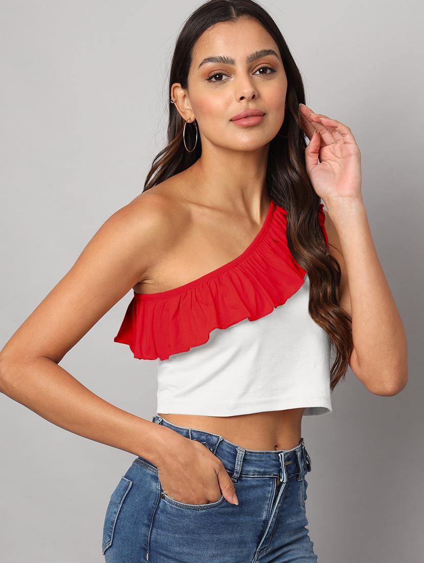 women color block single shoulder crop top - 21741234 - Standard Image - 2