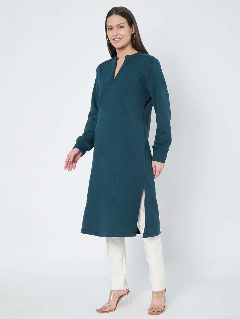 women solid long sleeves straight woolen kurta - 21741675 - Standard Image - 2