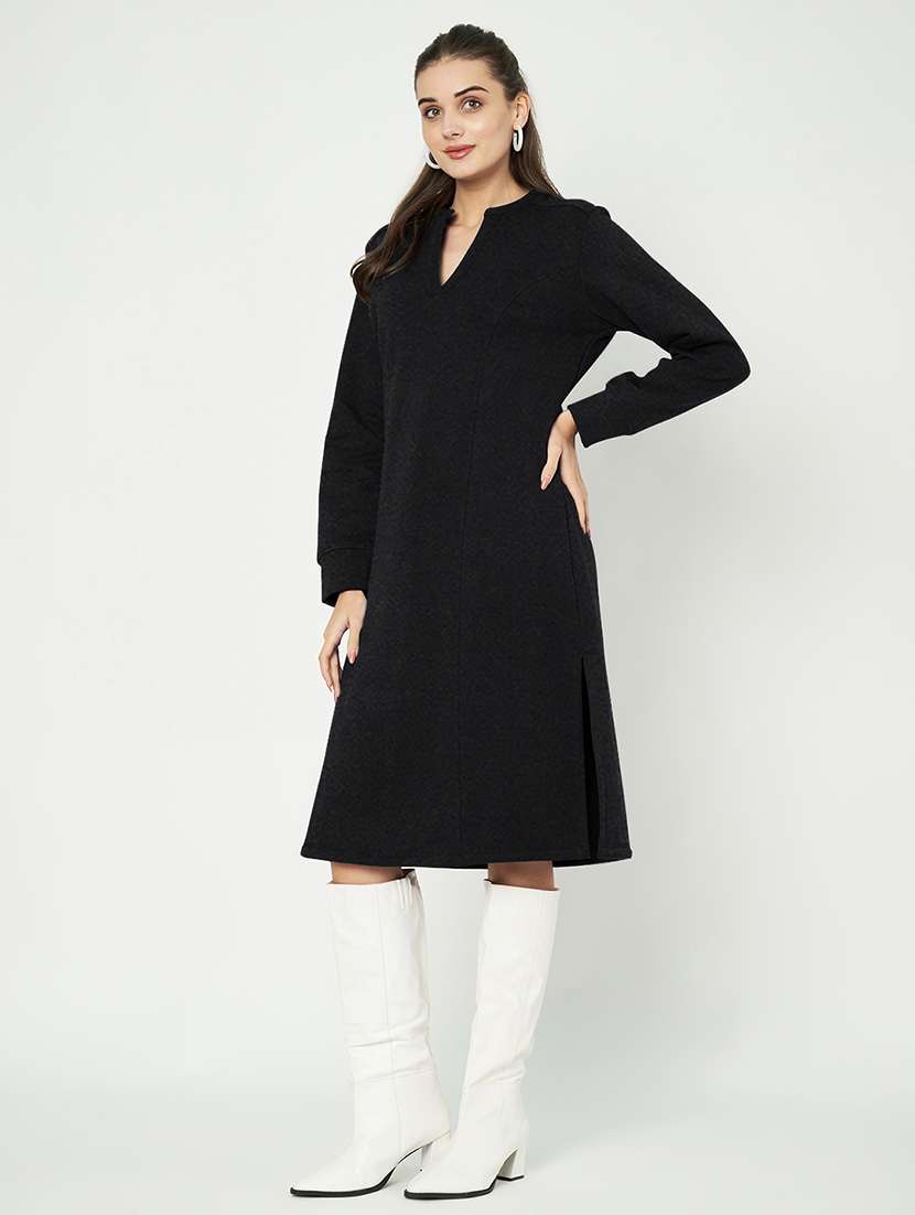 women solid long sleeves a-line dress - 21741680 - Standard Image - 2