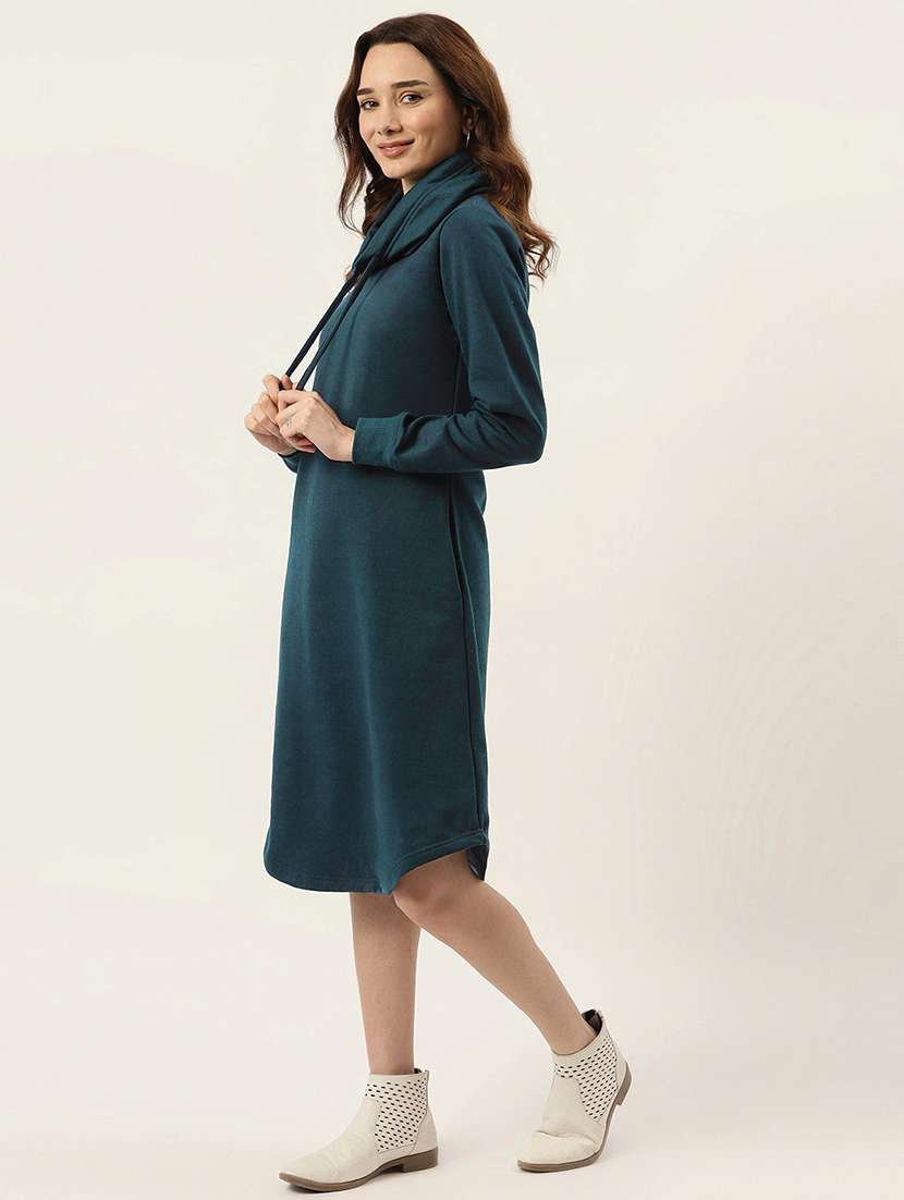 women solid high neck winter wear t-shirt dress - 21741684 - Standard Image - 2
