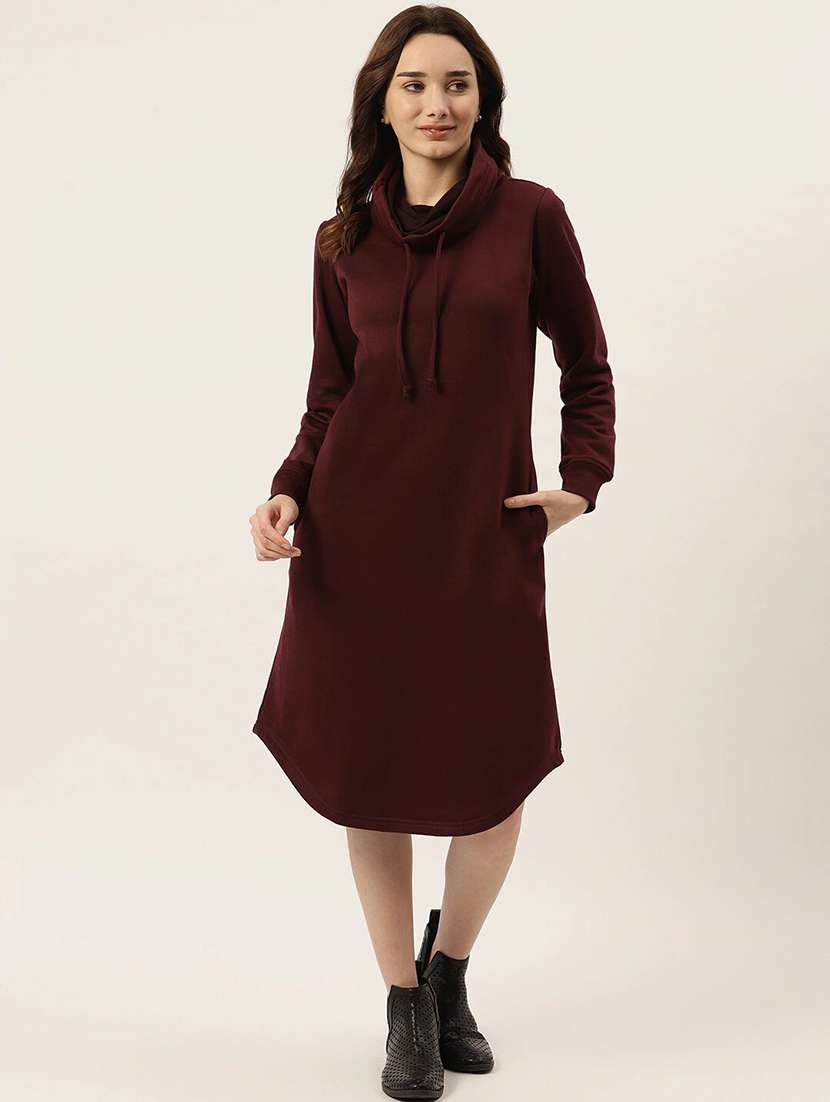 women solid high neck winter wear t-shirt dress