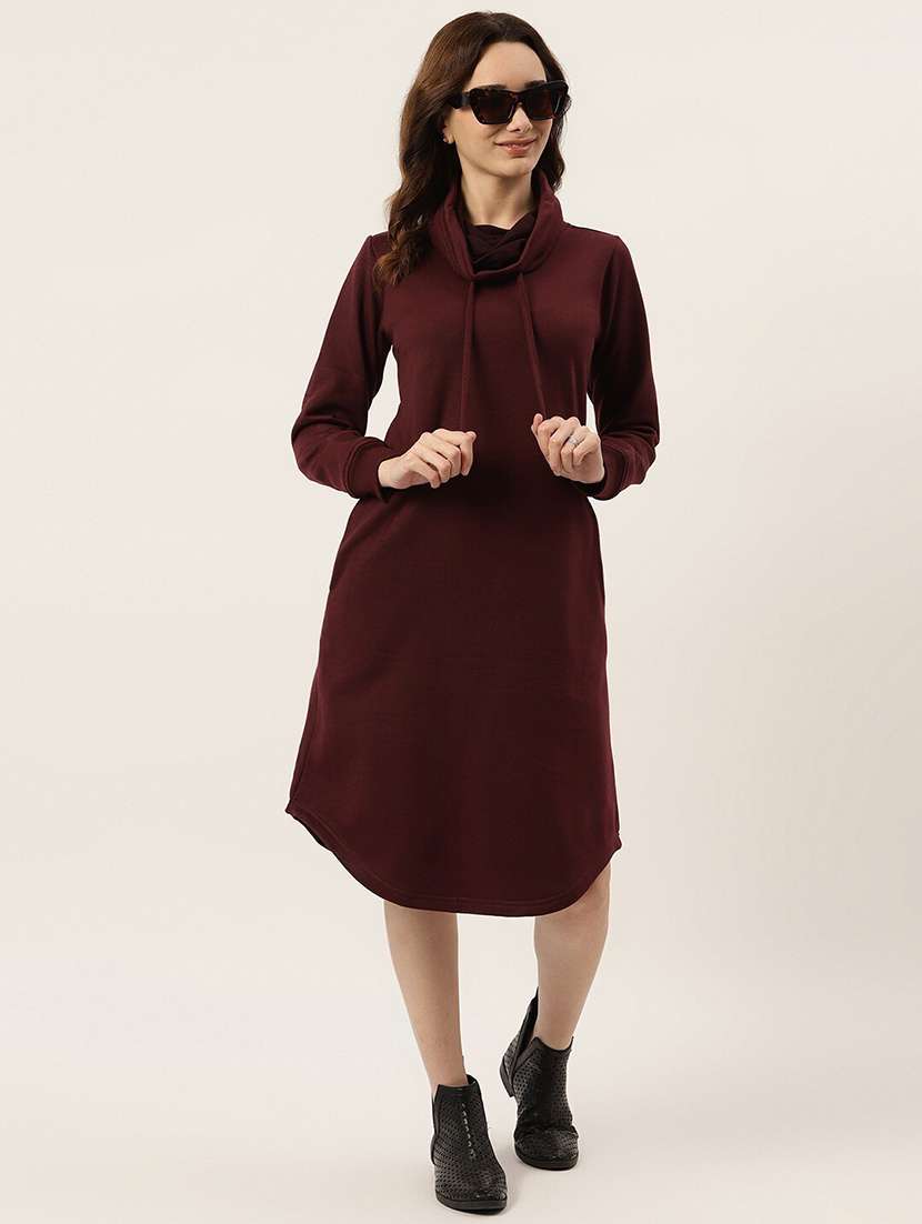 women solid high neck winter wear t-shirt dress - 21741685 - Standard Image - 2