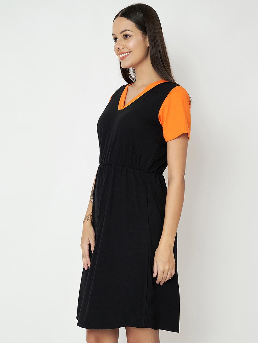 women color blocked short sleeves fit & flare dress - 21741731 - Standard Image - 2